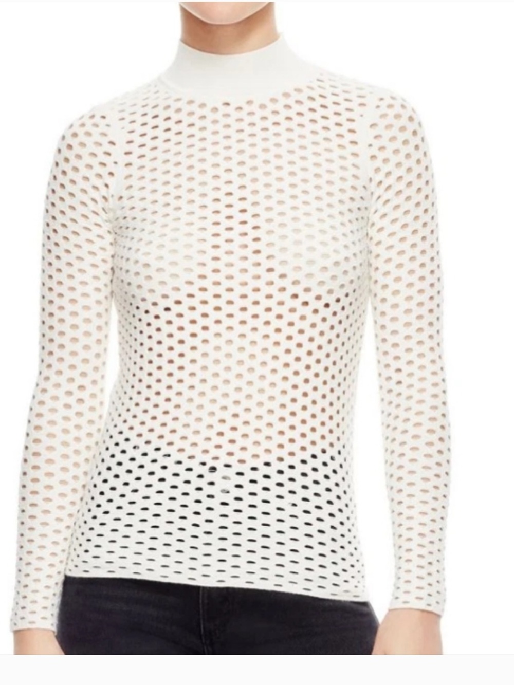 Sandro Women's White Open-Knit Mock Neck Long Sleeve Top Size 1 (Small)